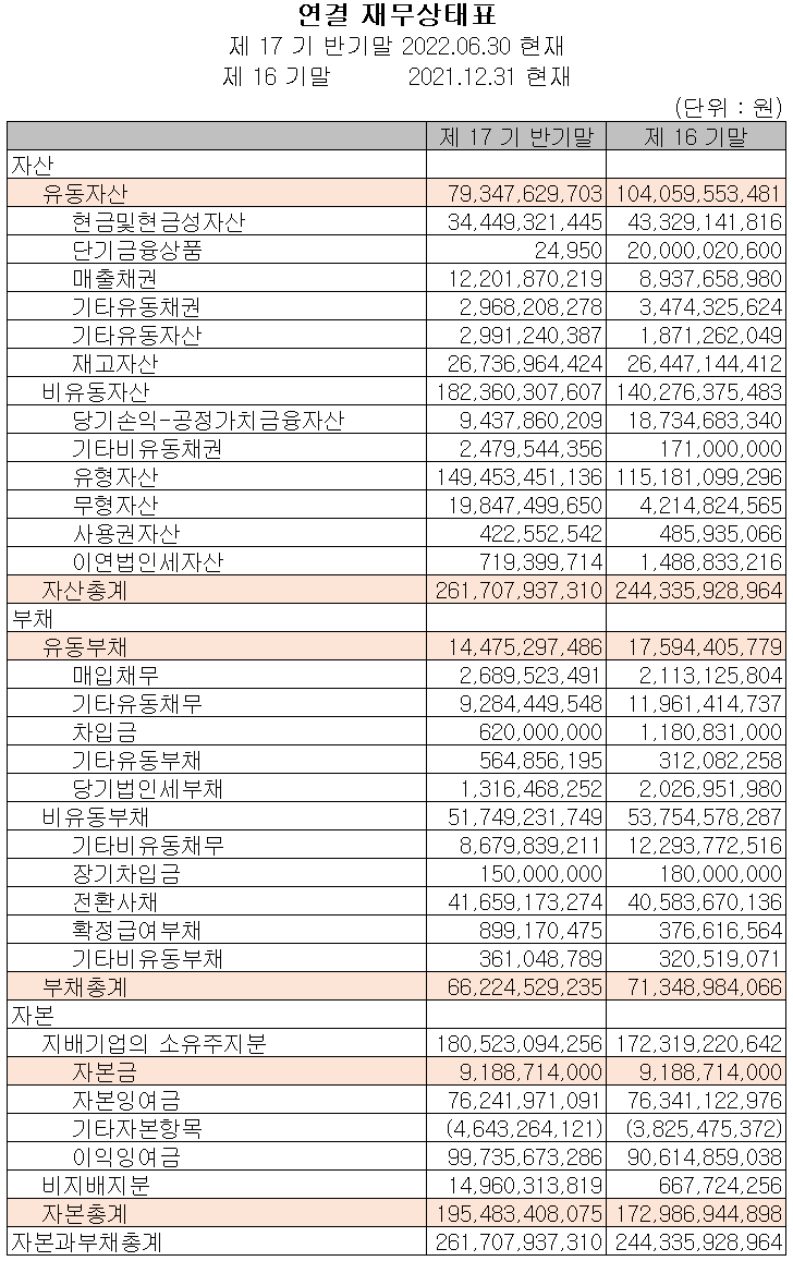덕산테코피아 - 재무상태표
