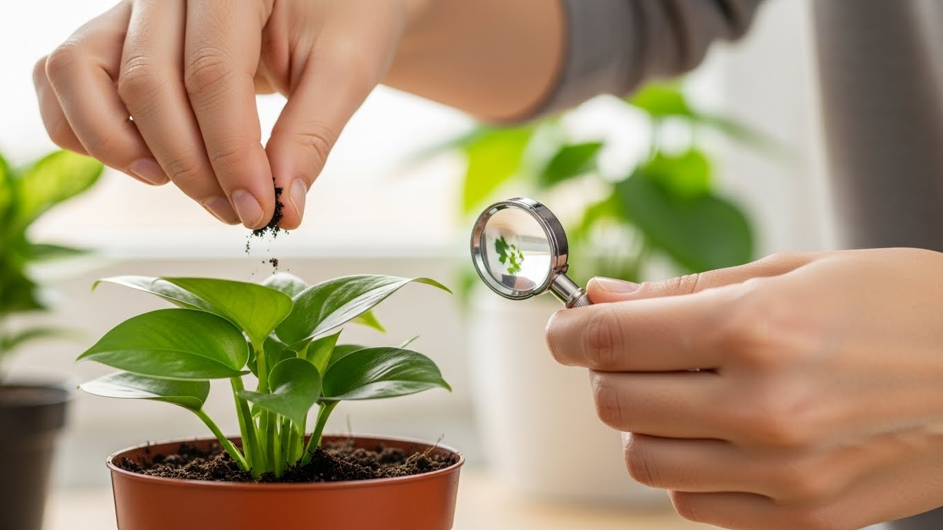 색이 다른 실내 식물 잎들이 나란히 놓여 있는 모습. 연두색, 노란색, 갈색, 검게 변한 잎을 통해 식물 상태를 진단하는 방법을 설명하는 대표 이미지.