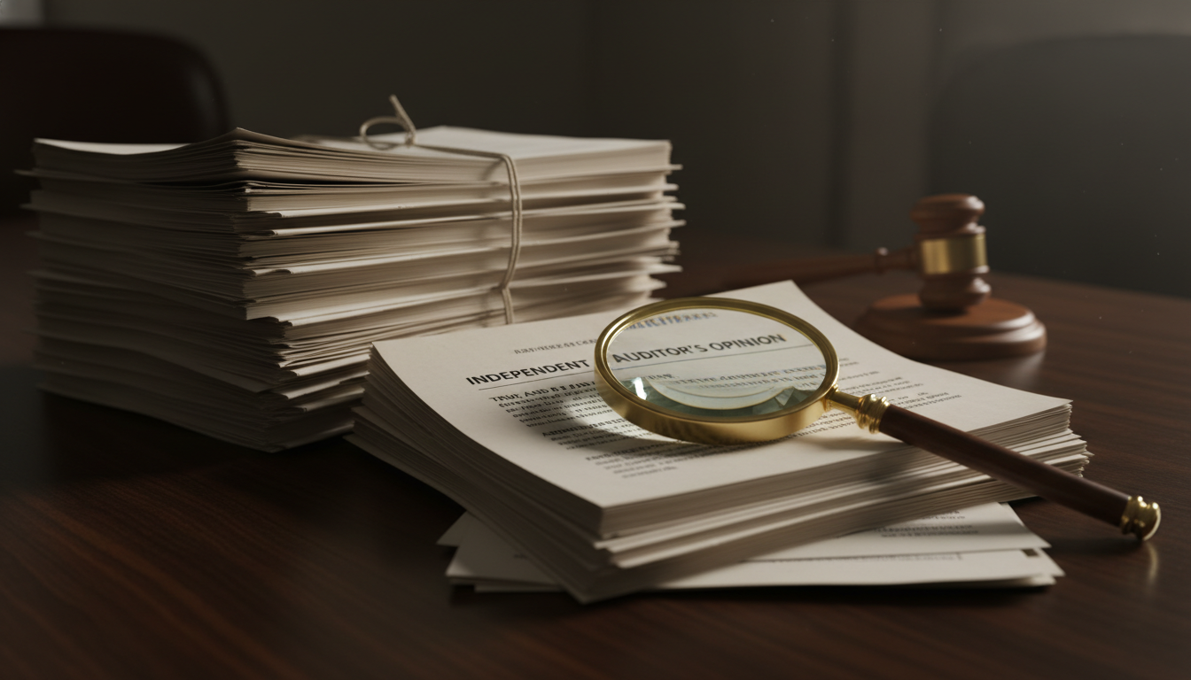 감사 보고서와 법률 문서가 쌓여 있는 테이블. 돋보기가 감사 의견 부분을 확대하고 있고, 뒤편에는 법적 심사를 암시하는 판사봉이 보인다.