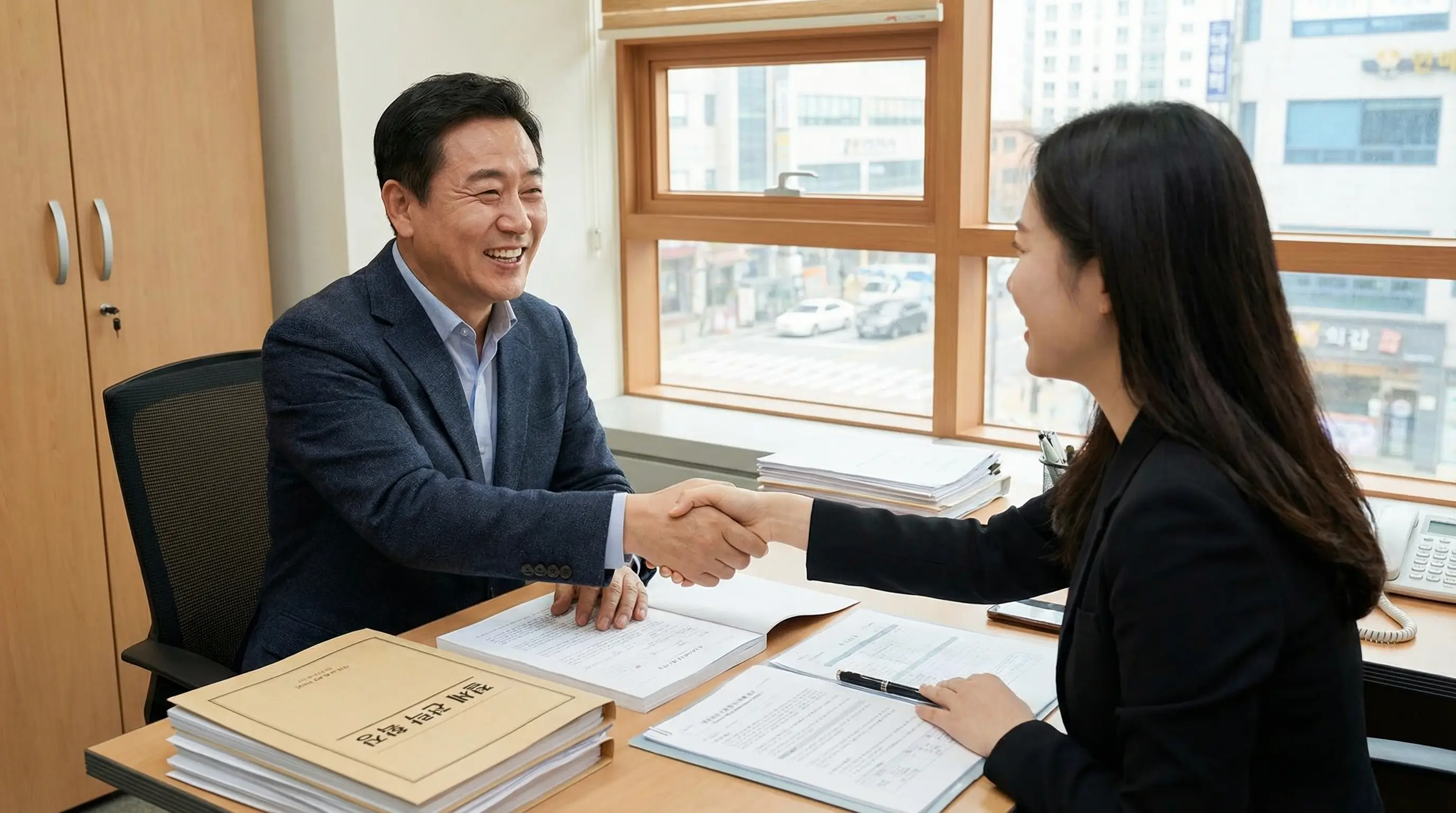 세무 상담을 통해 절세 전략을 확정하고 안도하며 웃는 집주인의 모습