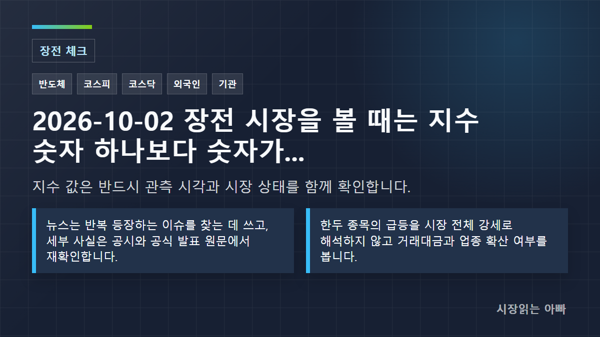 2026-10-02 장전 시장을 볼 때는 지수 숫자 하나보다 숫자가 확인된 시각과 뉴스의 성격을 함께 봐야 합니다. 이번 기록은 2026-10-02T08:10:01.810673+09:00에 수집한 네이버 증권 관측값과 네이버 뉴스 검색 신호를 구분해 정리했습니다. 뉴스 제목은 관심 이슈를 찾는 단서로만 사용했고, 제목만으로 기업 실적이나 주가 방향을 단정하지 않았습니다.: 지수 값은 반드시 관측 시각과 시장 상태를 함께 확인합니다.