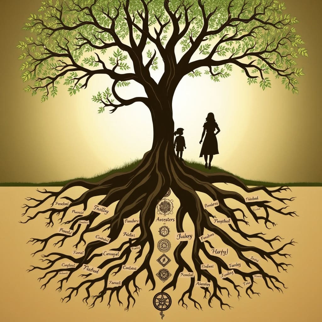 웅장한 나무의 뿌리가 땅속 깊이 뻗어 나가는 모습과 함께, 뿌리 사이사이에 조상들의 이름이나 상징적인 문양(예: 족보의 일부)이 새겨져 있습니다. 그 위로는 현대적인 가족의 실루엣이 나무를 올려다보는 모습이 보입니다.