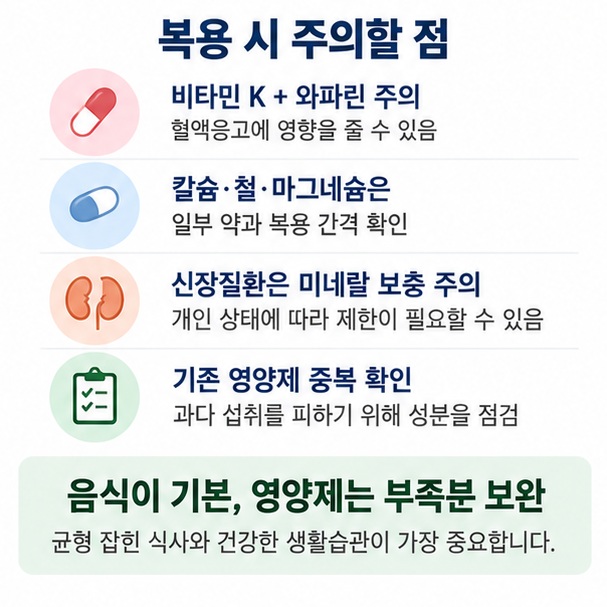 처방약과 영양제 상호작용 비타민 K 항응고제 칼슘 철분 마그네슘 복용 간격 신장질환 주의사항을 정리한 이미지