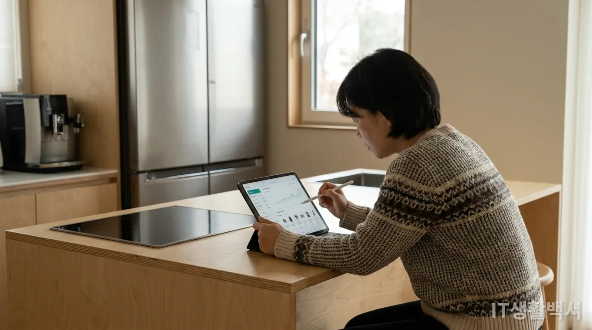 태블릿으로 스마트홈 기기 설치 비용을 확인하는 한국인 주부