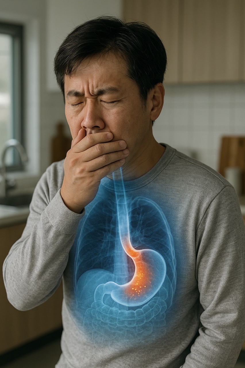 입에서 구취를 고민하는 중년 남성, 인체 내부에 위산이 식도로 역류하는 모습을 표현(출처: 자체제작)