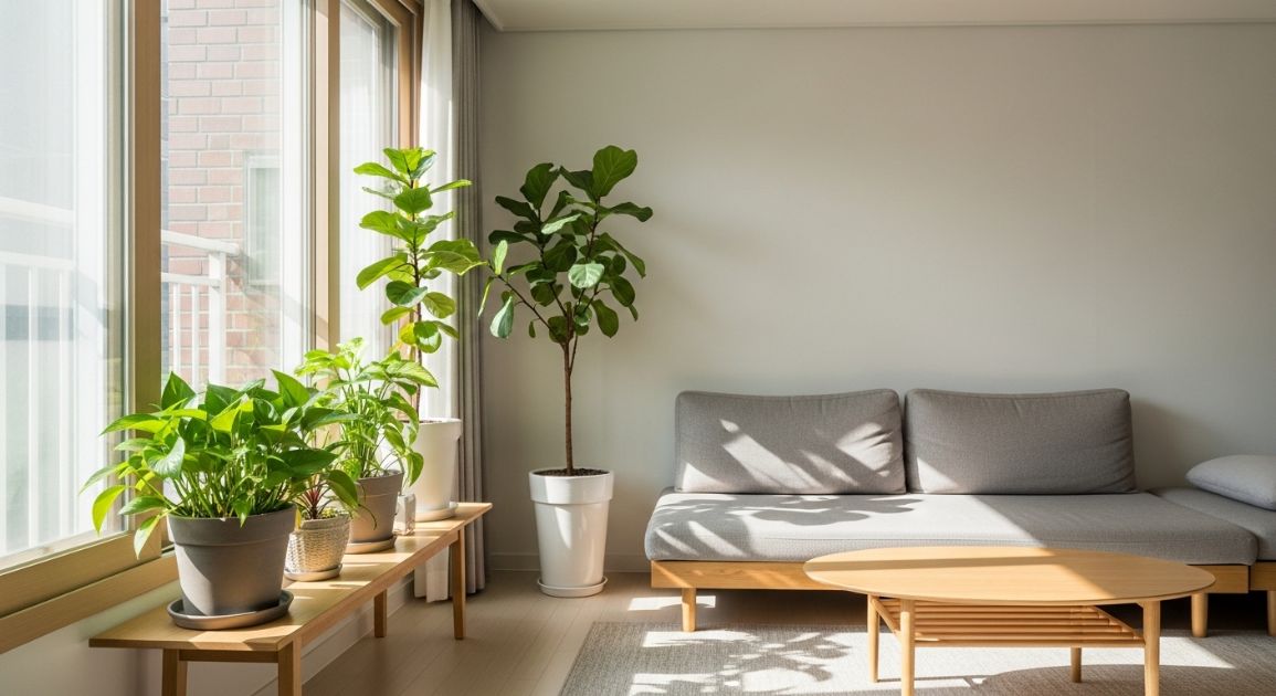 햇빛이 들어오는 창가에 놓인 실내 식물과 따뜻한 분위기의 집 인테리어
