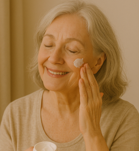노년 여성이 피부 관리를 위해 크림을 바르는 모습