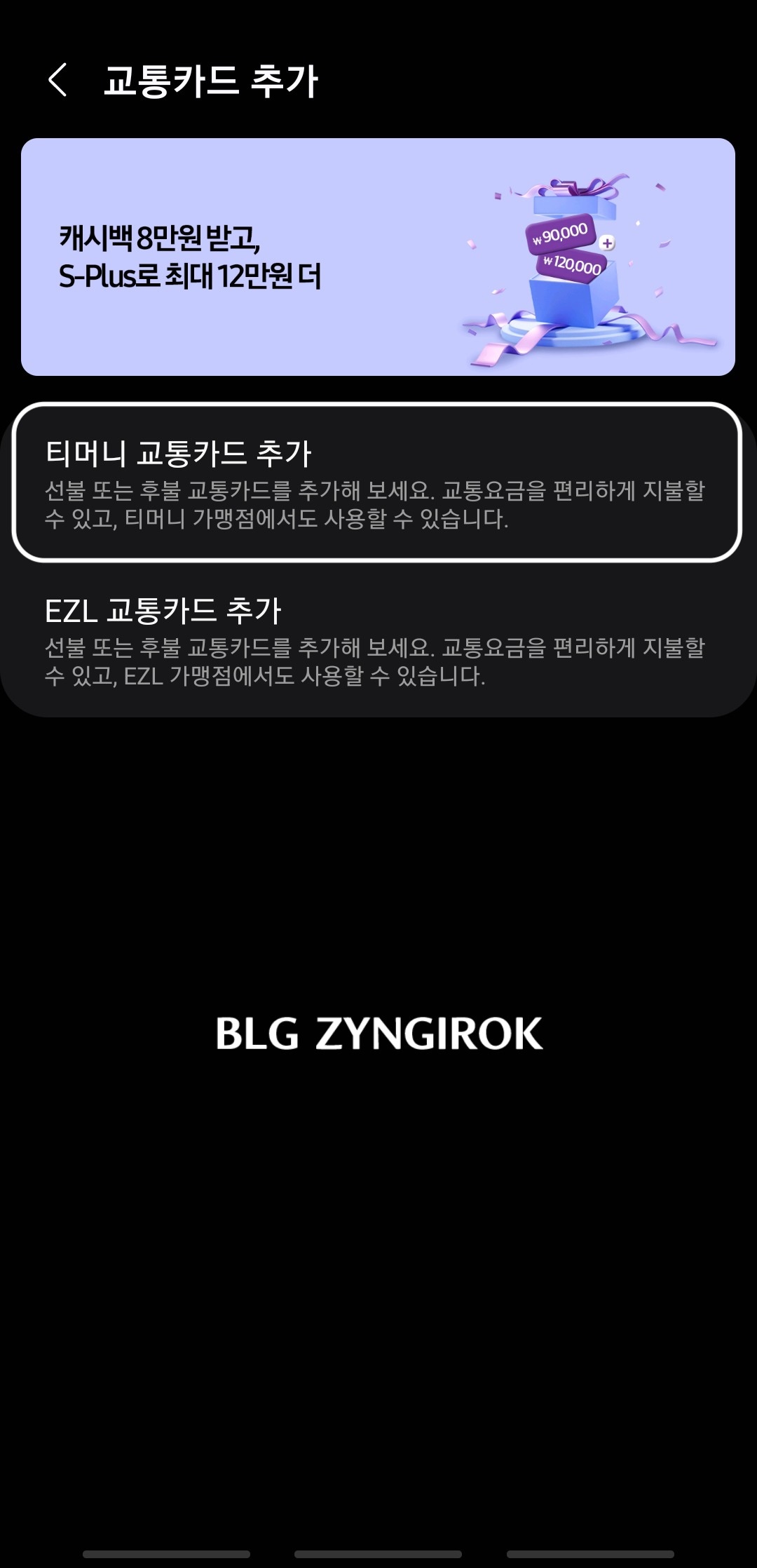 삼성페이 교통카드 추가에서 티머니 교통카드 추가 항목이 선택된 모습이다.