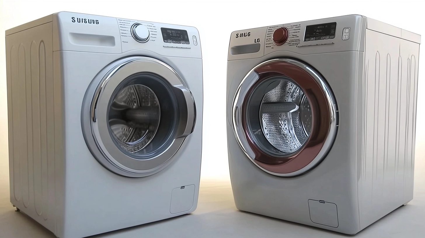 삼성과 LG 세탁기를 나란히 비교한 이미지. 중립적인 배경과 스튜디오 환경에서 선명하게 촬영된 제품 사진.