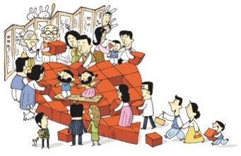 할아버지-칠순잔치에-친척들이-모여-선물로-하트를-만드는-모습