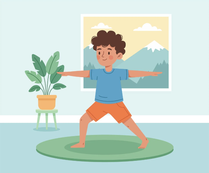 만보 걷기 전후 근육 이완을 돕는 스트레칭 운동을 하는 남자 아이 캐릭터 삽화