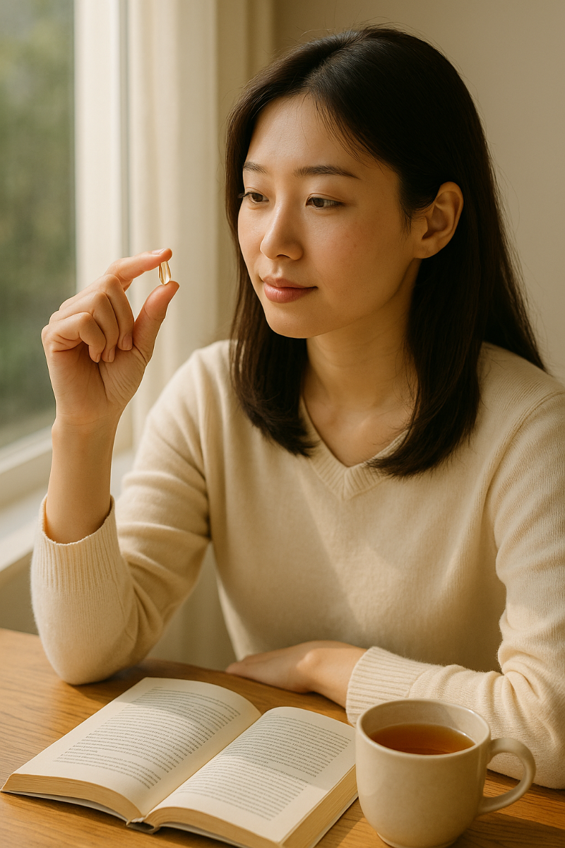 창가에 앉은 여성이 햇살을 받으며 비타민D를 손에 들고 있는 장면