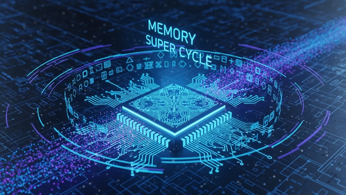 Futuristic semiconductor chip glowing with blue neon light, floating in a digital cyberspace environment, circuit board patterns in the background, text 'Memory Super Cycle' holographically displayed, 3D render, high tech concept