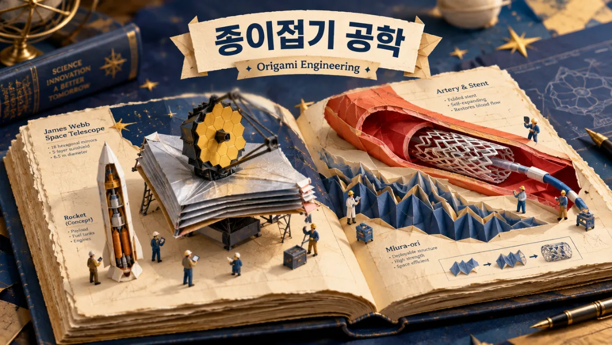 종이접기 공학의 전체 세계를 팝업북으로 표현한 대표 이미지 — 제임스 웹 우주망원경 차광막, 미우라 접기 구조, 혈관 스텐트가 펼친 책 위에 입체로 솟아난 모습