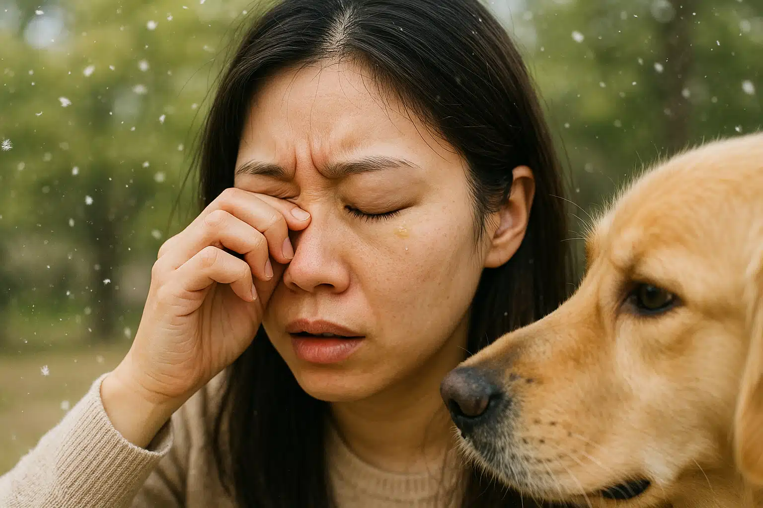 꽃가루 날리는 계절에 눈을 비비는 사람, 반려동물 털에 노출된 눈, 투명하거나 약간 점성이 있는 눈곱이 있는 눈