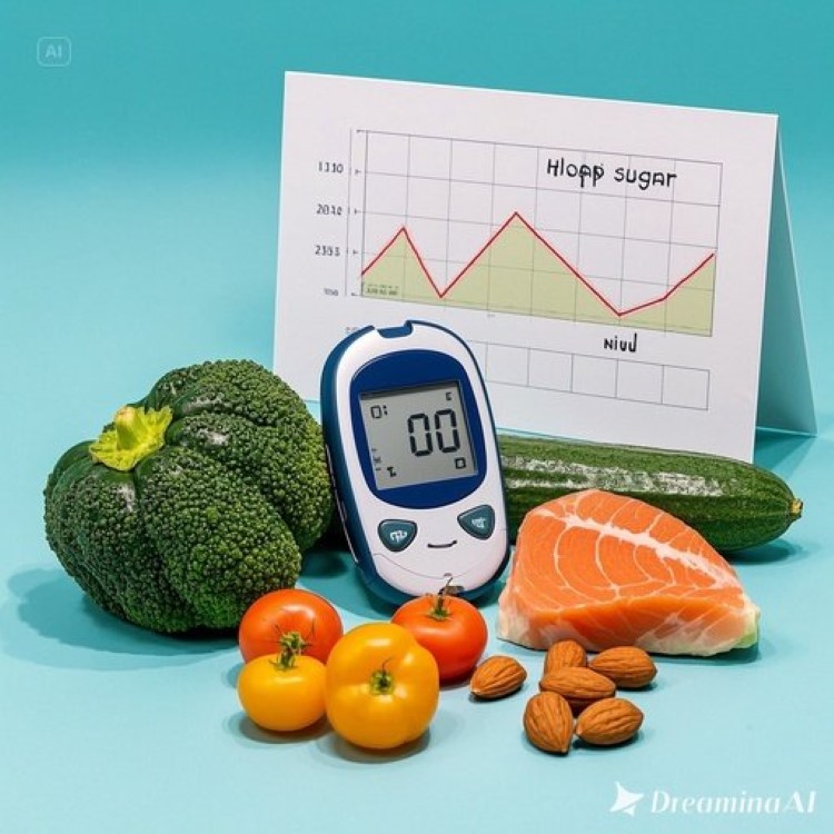 혈당 측정기와 건강한 식단(채소, 단백질, 견과류)이 배치된 모습. 배경에는 안정적인 혈당 곡선 그래프와 급격한 혈당 스파이크 그래프가 대조적으로 보이는 전문적이고 교육적인 의료 건강 이미지