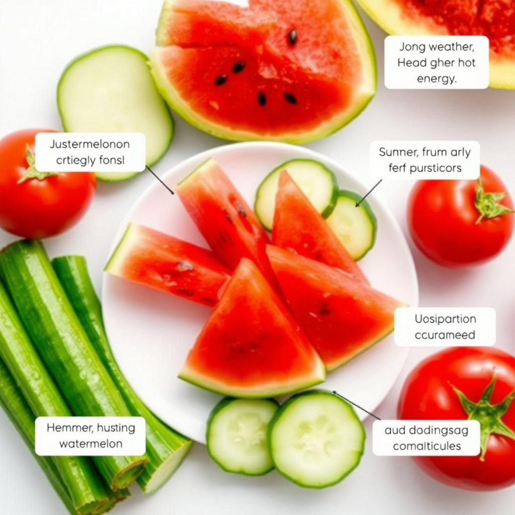 수박, 오이, 토마토 등 여름 제철 과일과 채소를 신선하고 먹음직스러운 모습으로 한 접시에 담거나, 각 재료를 중심으로 주변에 작은 설명 텍스트를 배치한 콜라주 형태로 구성합니다.