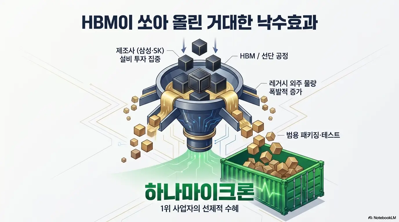 하나마이크론 주가 전망: 깔때기 그림으로 HBM이 만든 낙수효과를 표현한 이미지. 삼성&middot;SK가 HBM 선단 공정에 투자를 집중하면서 범용 패키징&middot;테스트 외주 물량이 1위 사업자 하나마이크론으로 흘러내리는 구조를 보여준다. 하나마이크론이 후공정 외주 확대의 선제적 수혜주임을 설명한다.