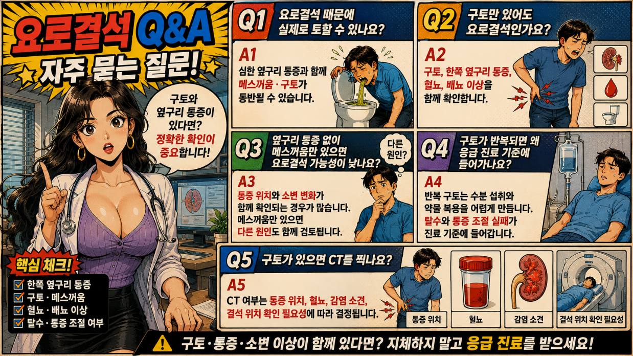 요로결석 구토 증상에 대한 자주 묻는 질문을 통증, 혈뇨, 배뇨 이상, CT 기준으로 정리한 Q&amp;A 만화 인포그래픽