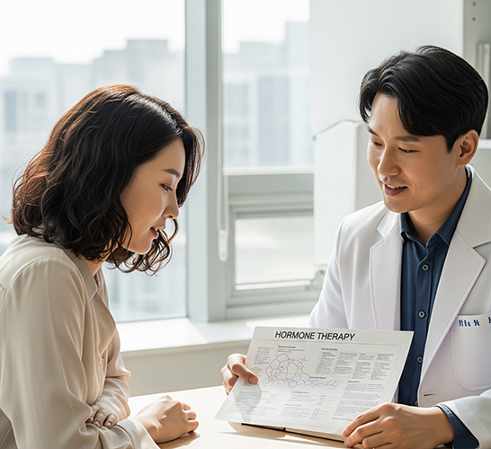 유방암 호르몬 치료에 대해 진료실에서 의사와 상담 중인 여성 환자