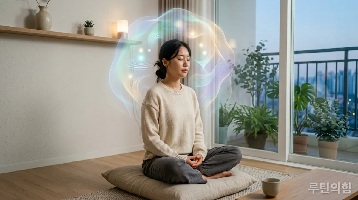 평화롭게 앉아 감정을 객관적으로 인지하는 한국 여성의 모습, 메타센싱을 상징