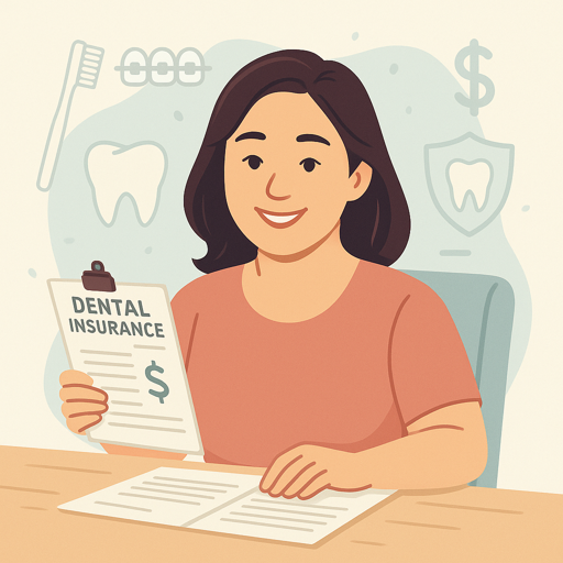 치과 보험 서류를 들고 환하게 미소 짓는 여성의 일러스트. 배경에는 치아, 칫솔, 교정기, 달러 기호 등이 그려져 있어 치과 보험 관련 상담을 표현하고 있다. 부드럽고 깔끔한 색감의 설명용 이미지