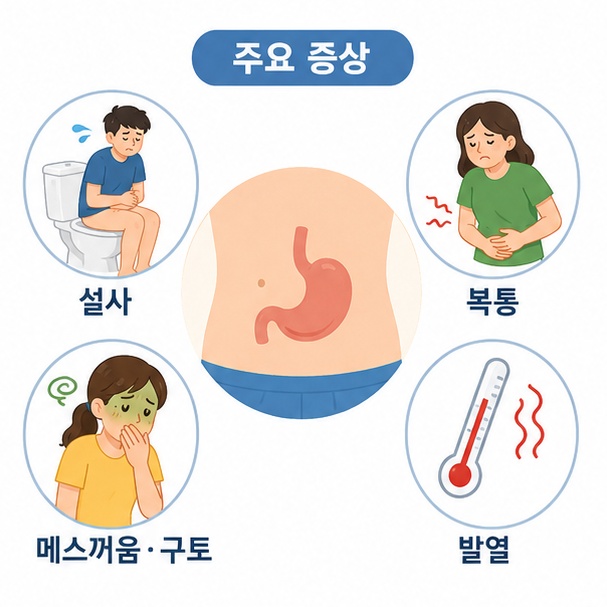 복부 아이콘과 함께 설사, 복통, 메스꺼움, 구토, 발열 등 발리 밸리 증상을 보여주는 이미지