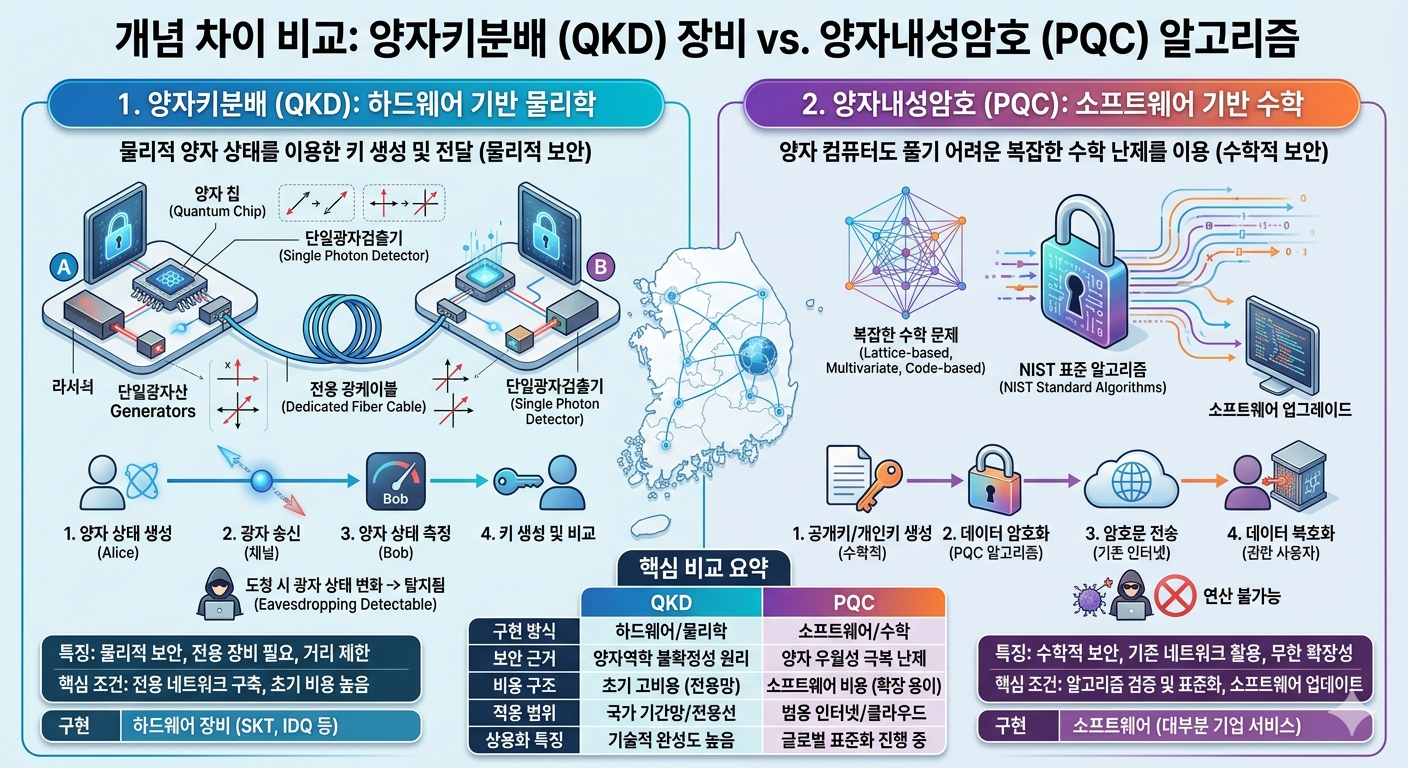 양자키분배 장비와 양자내성암호 알고리즘의 개념 차이를 설명하는 도식도