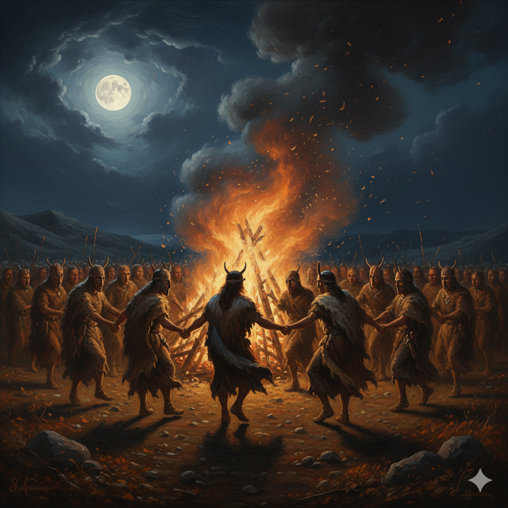 고대 켈트족이 악령을 쫓기 위해 모닥불을 피우고 가면을 쓴 사윈 축제의 모습