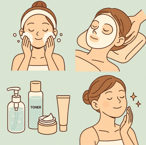 세안 후 보습관리를 열심히 하는 여성 이미지