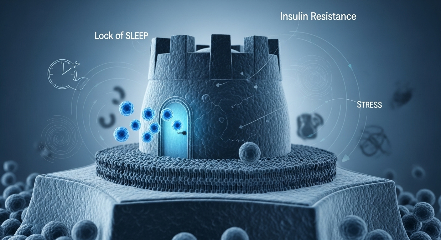 세포가 인슐린 신호를 인식하지 못해 혈당 조절에 실패하는 인슐린 저항성 개념을 시각적으로 표현한 이미지. 세포 주변에는 스트레스, 수면 부족 등 혈당에 영향을 미치는 숨겨진 요인들이 은유적으로 묘사되어 있습니다.