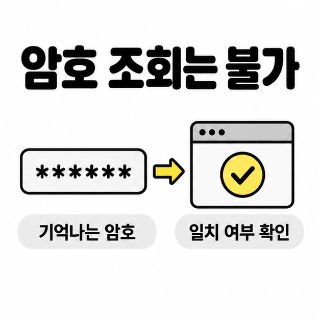 암호 조회는 불가라는 제목 아래 마스킹된 암호 입력칸에서 일치 여부 확인 화면으로 이어지는 도식