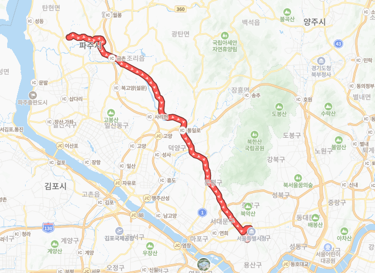 고양-서울-파주-9709번-버스-노선-지도