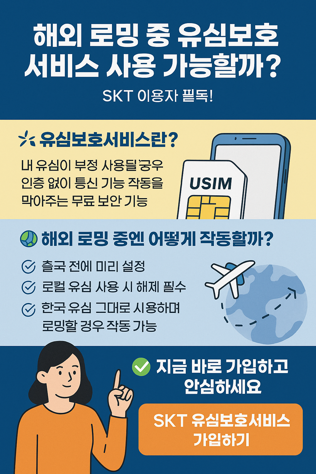 SKT 유심보호서비스를 해외 로밍 중에 사용하는 방법을 안내하는 인포그래픽 이미지