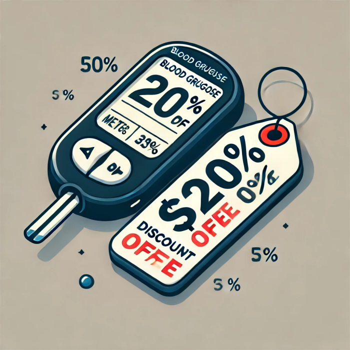 할인 태그가 포함된 혈당 측정기 프로모션 이미지.