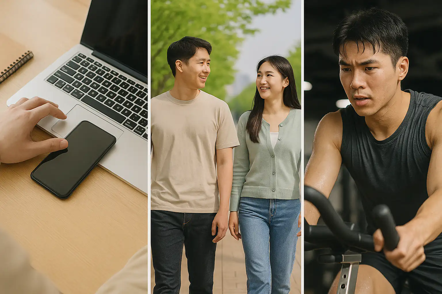스마트폰을 책상에 내려놓고 친구와 산책하는 모습, 헬스장에서 땀 흘리는 모습