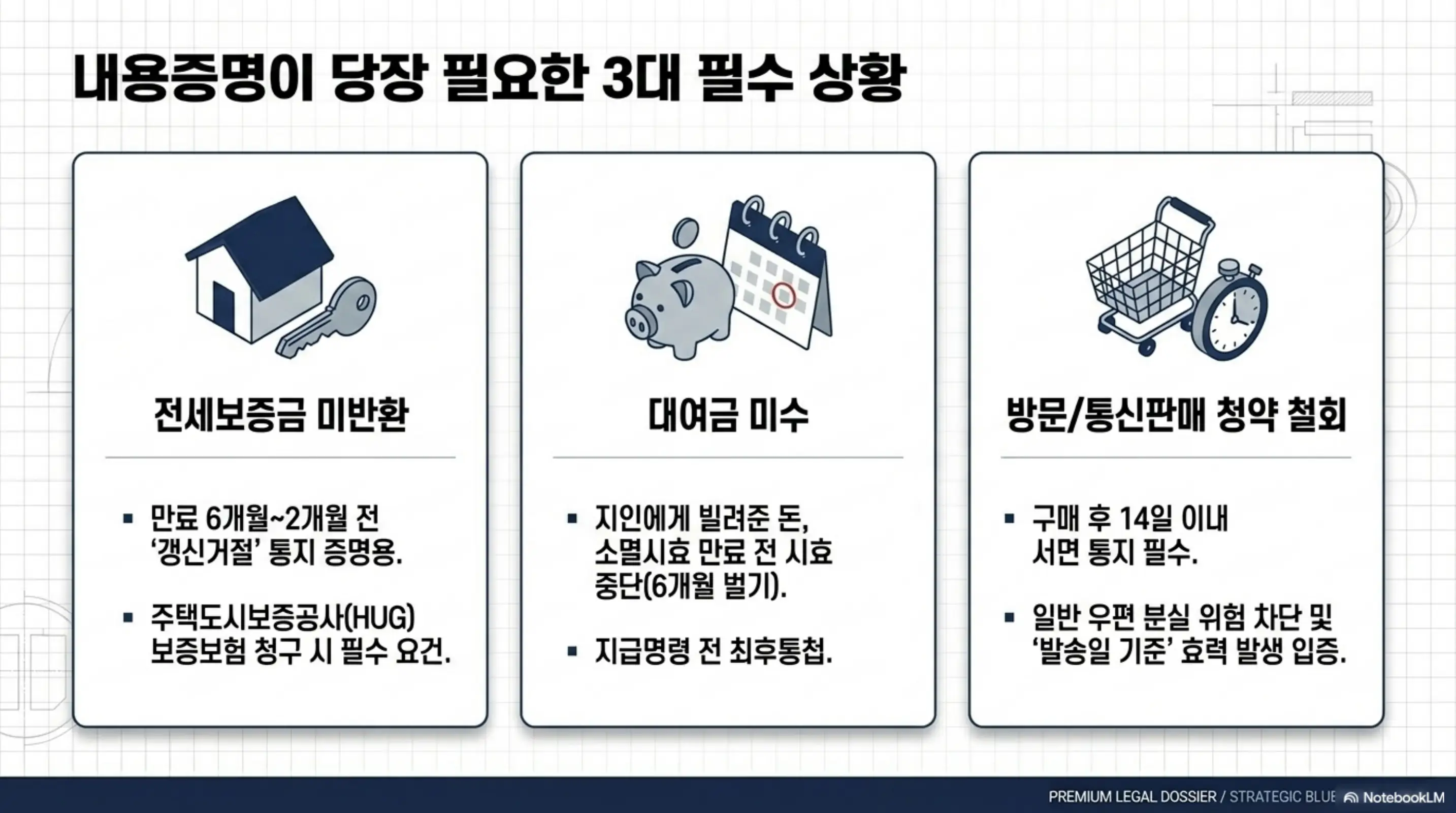 내용증명 작성법: 내용증명이 당장 필요한 3대 필수 상황을 정리한 웹배너 이미지. 이 이미지는 전세보증금 미반환&middot;대여금 미수&middot;방문판매 청약 철회 세 가지 대표 활용 사례를 시각적으로 전달하며&amp;#44; 블로그의 전세보증금 내용증명과 관련된 내용을 설명함 