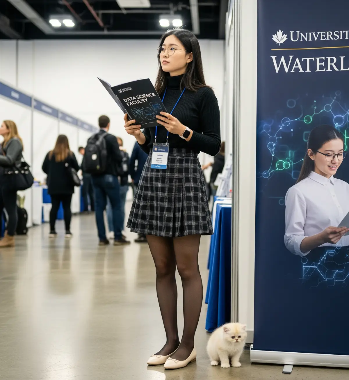 대학 박람회에서, 호기심 많은 표정의 한국 여학생이 워털루 대학교 부스에서 데이터 사이언스 관련 브로슈어를 유심히 살펴보는 모습
