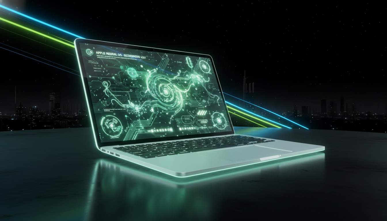 미래지향적인 디자인의 애플 맥북 네오 2026이 밝게 빛나는 모습, 얇은 베젤의 OLED 디스플레이에 자연 녹색 테마의 AI 인터페이스가 선명하게 보인다. 고성능과 혁신적인 기술을 강조한 이미지.
