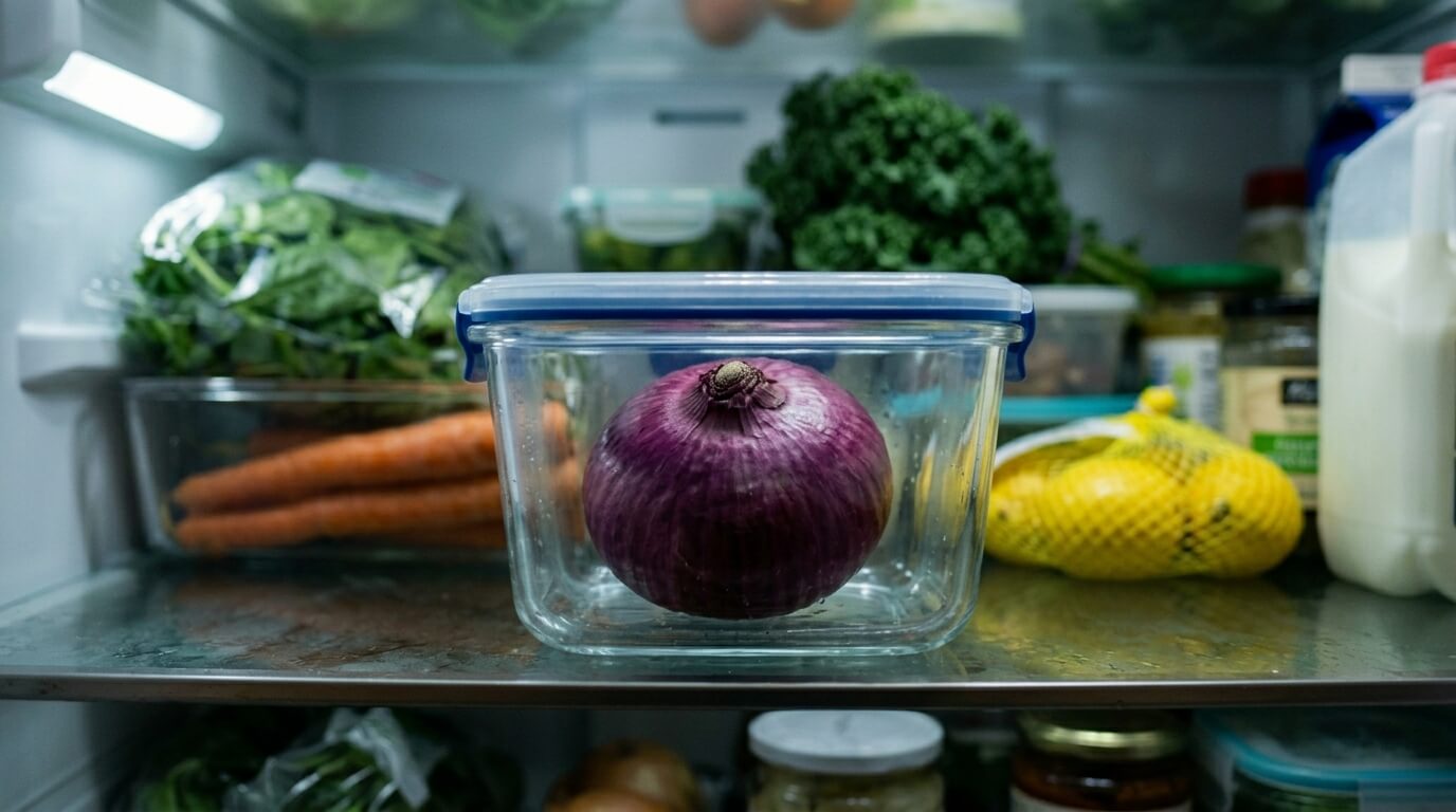 양파 절반 밀폐용기 냉장 보관 단면 아래 채소 신선 보관