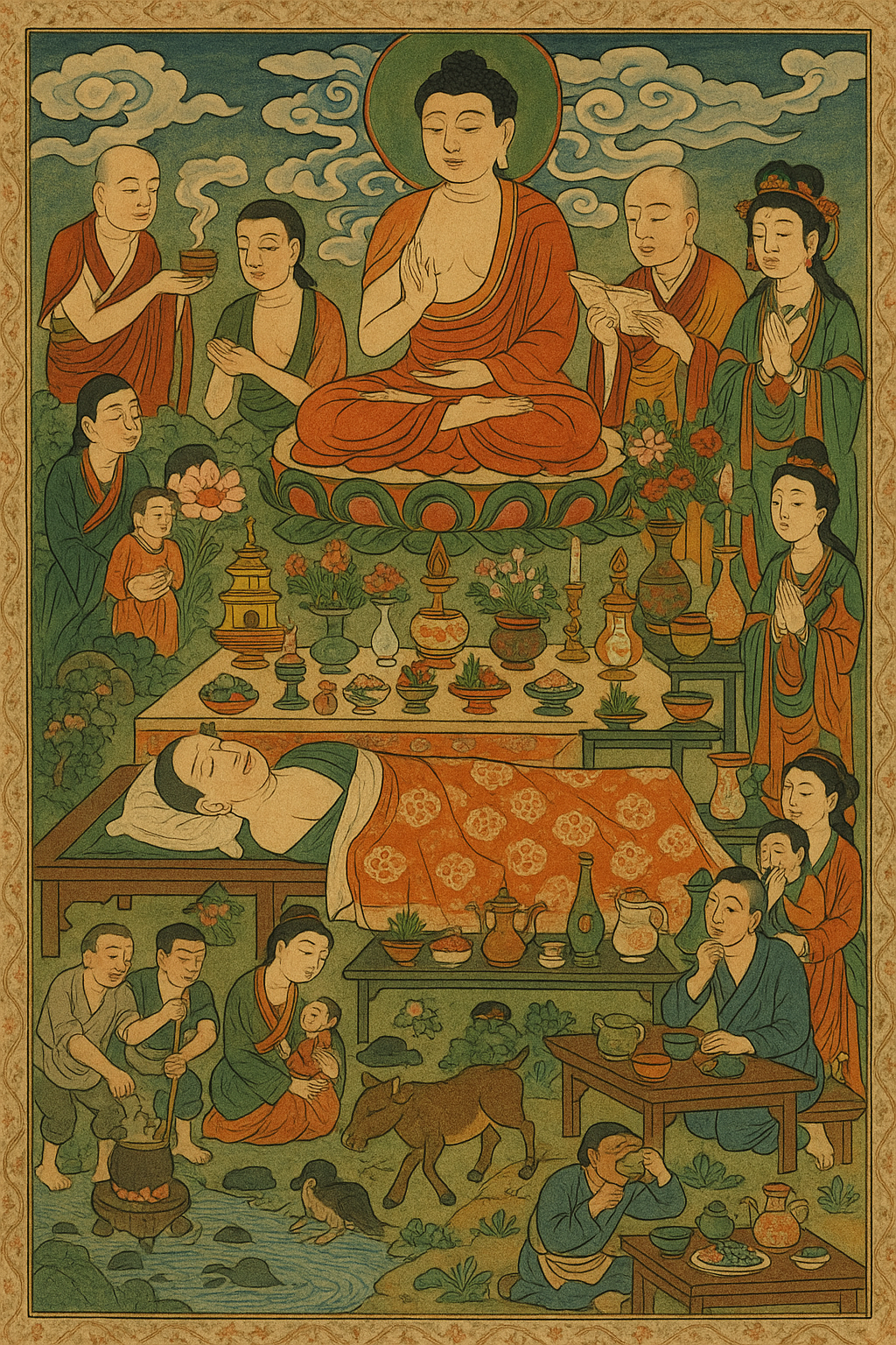 죽은 이의 극락왕생을 기원하는 불교적 공양의식을 시각화한 감로도