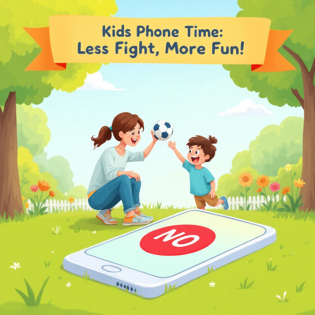 아이와 부모가 함께 야외에서 즐겁게 놀고 있는 모습과 스마트폰 사용을 줄인다는 상징적인 이미지