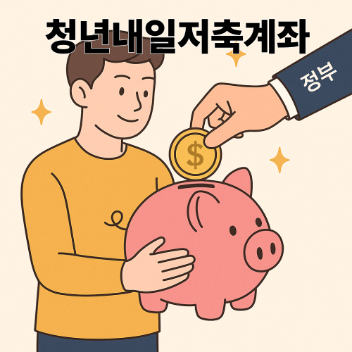 “청년내일저축계좌 만기 지급 – 정부 매칭 지원금 받는 청년 일러스트”