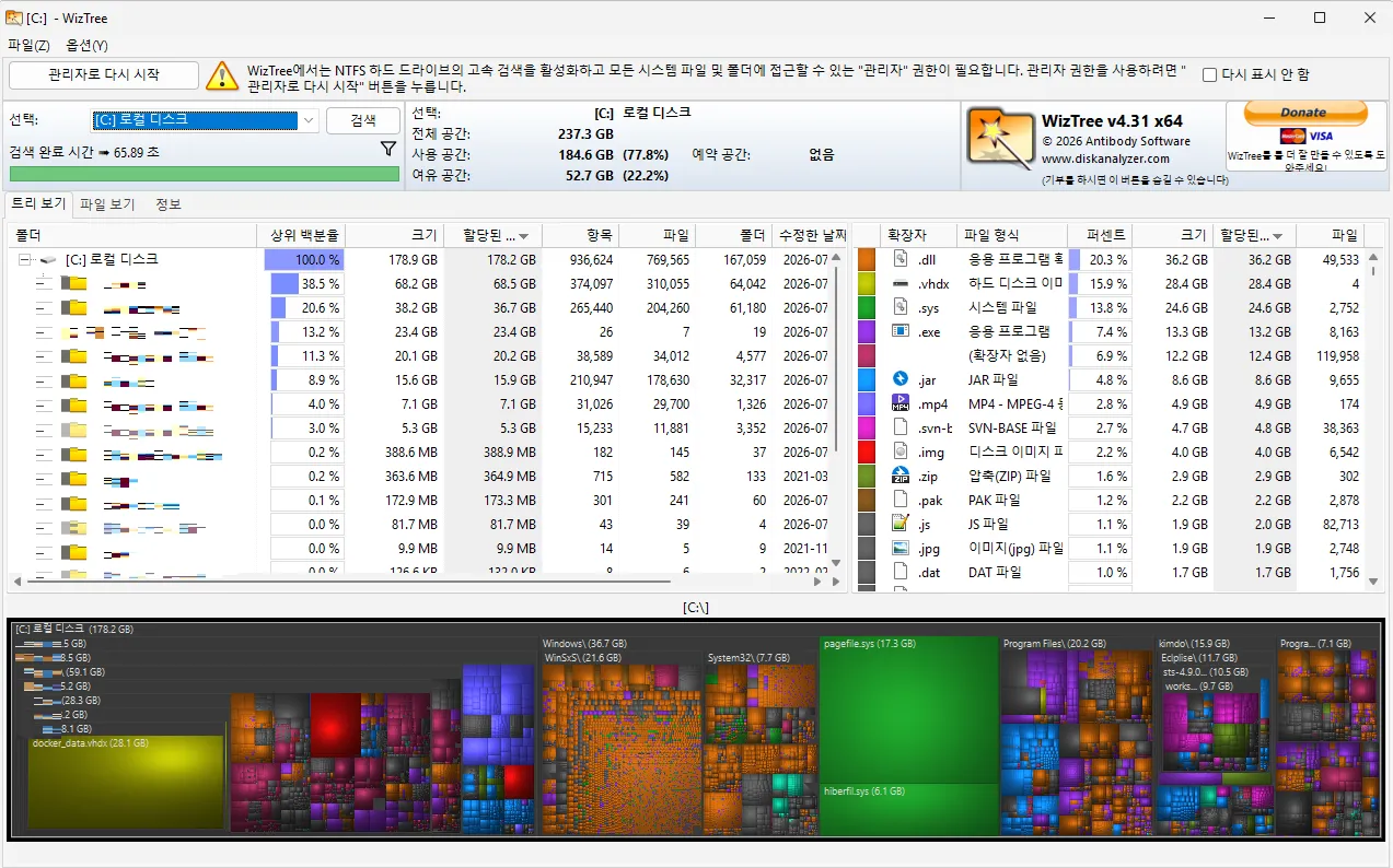 디스크 용량 분석 WizTree 다운로드 실행 사용