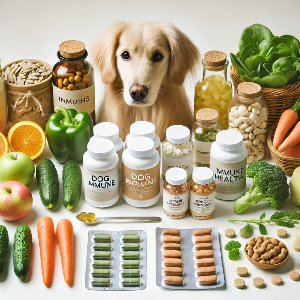 하얀 배경 위에 정리된 반려견 면역력 강화를 위한 비타민과 천연 보조제들의 전문 스튜디오 촬영 사진