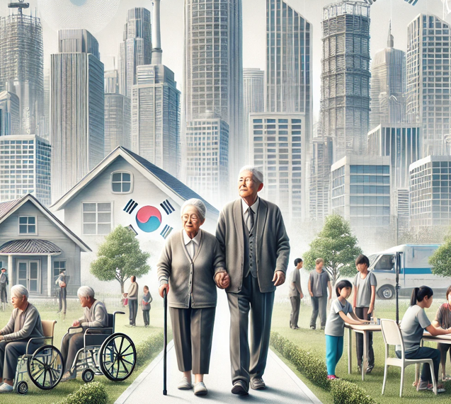 도심을 걷는 노부부의 모습. 한국 사회의 고령화를 개념적으로 표현한 그림.