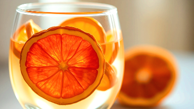 투명한 유리잔 속에 따뜻한 느낌의 건조 오렌지 슬라이스가 띄워져 있는 모습. 슬라이스 사이로 은은하게 빛이 비쳐 더욱 아름답게 연출됩니다.