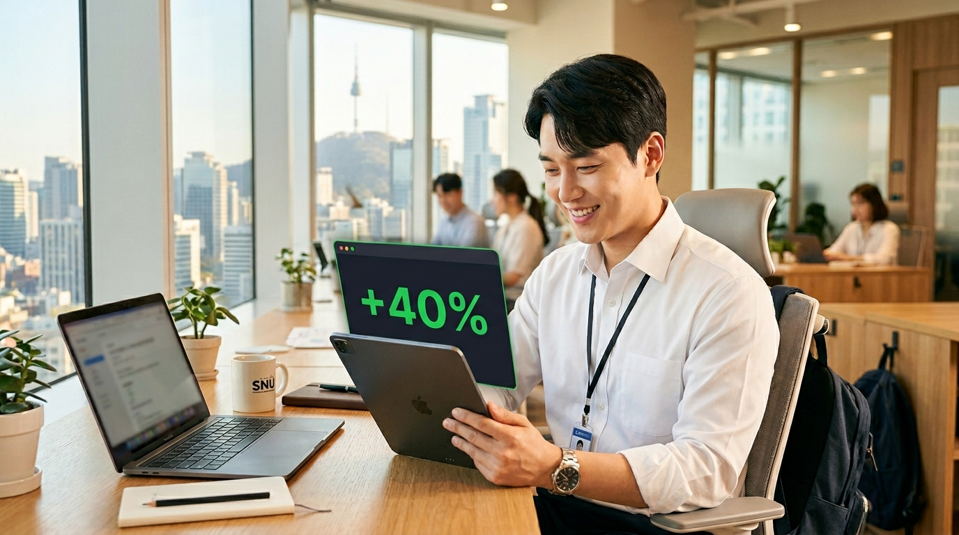 복잡한 엑셀 차트 위로 '수익률 40%'가 선명하게 찍힌 태블릿을 들고 웃고 있는 직장인의 모습
