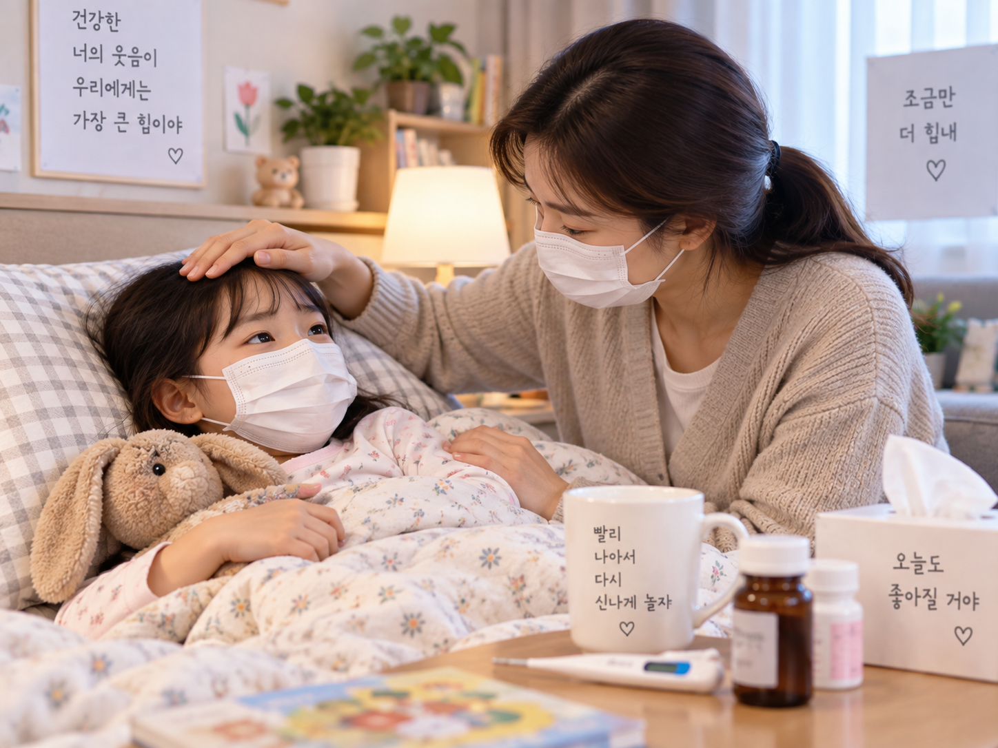 독감에서 회복 중인 아이와 옆에서 돌보는 부모