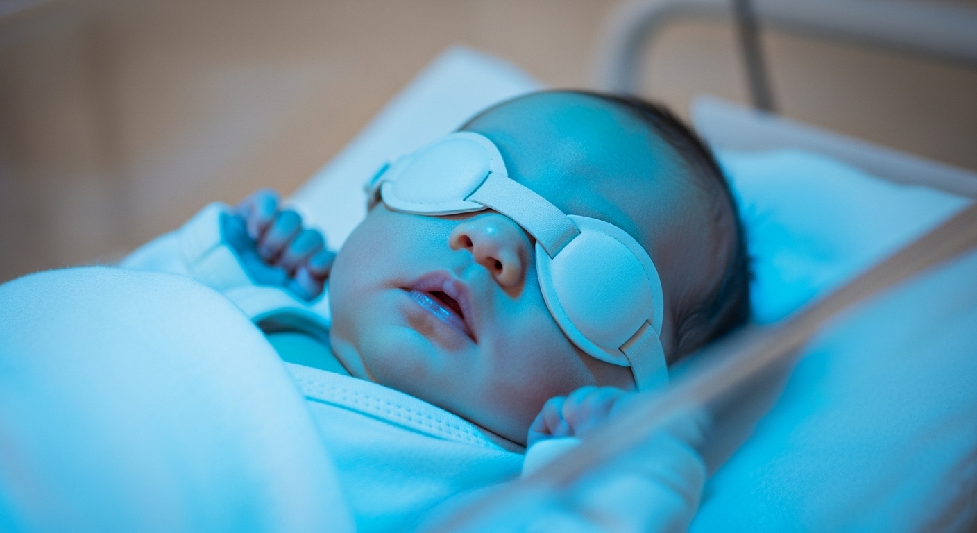 노란 피부의 신생아가 눈 보호 안대를 착용하고 파란색 광선 치료를 받고 있는 모습. 신생아 황달 치료 과정을 보여줍니다.